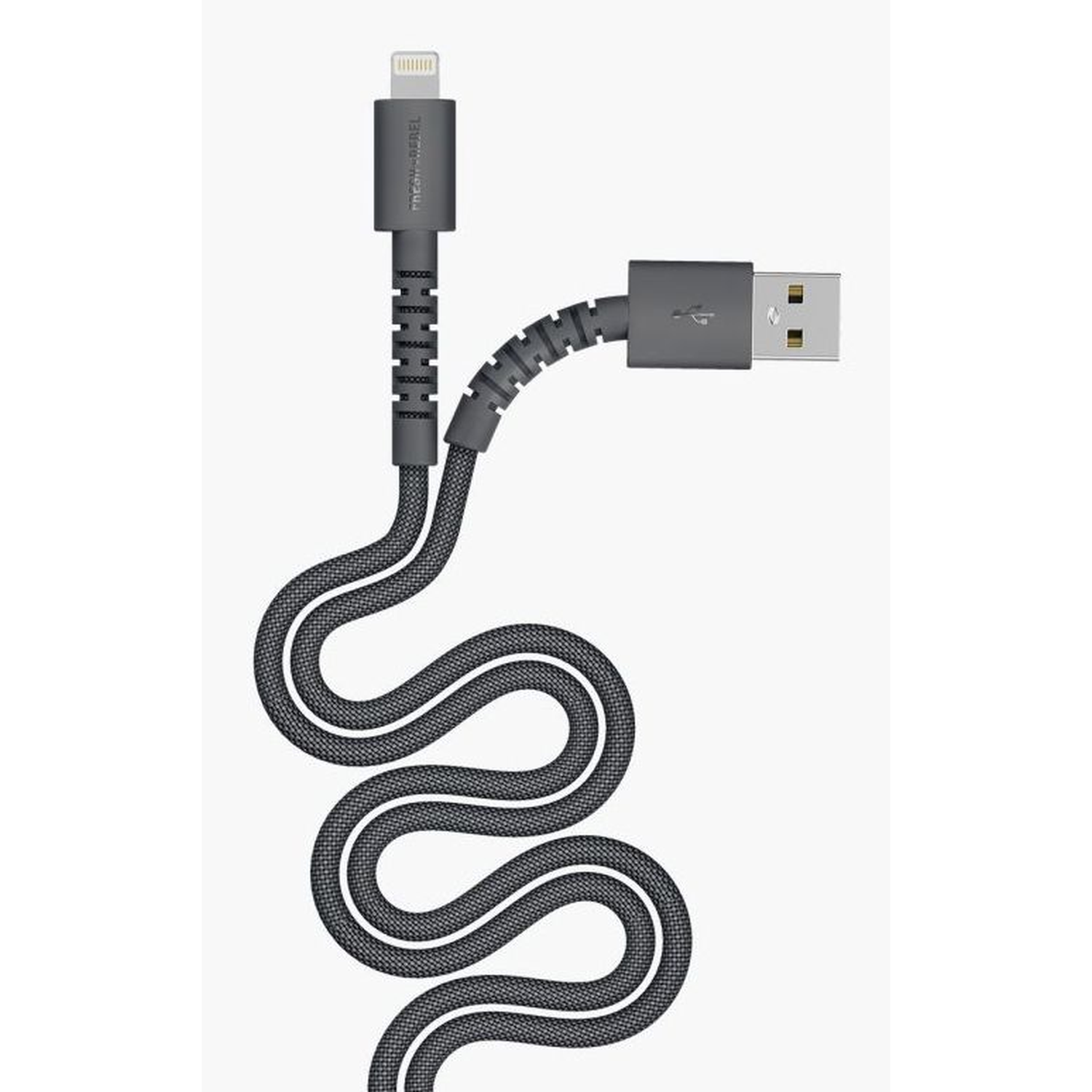A dark gray charging cable with a lightning connector and a USB connector, arranged in a serpentine pattern on a white background.