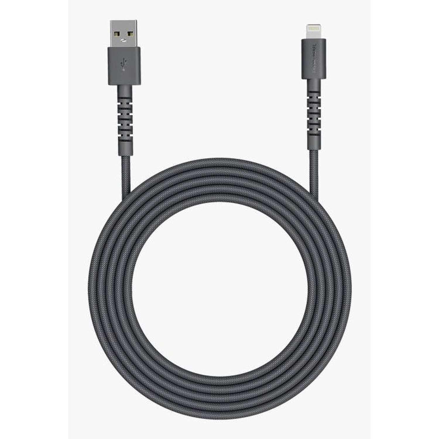 A gray USB charging cable with a USB-A connector and a Lightning connector, coiled into a circle.