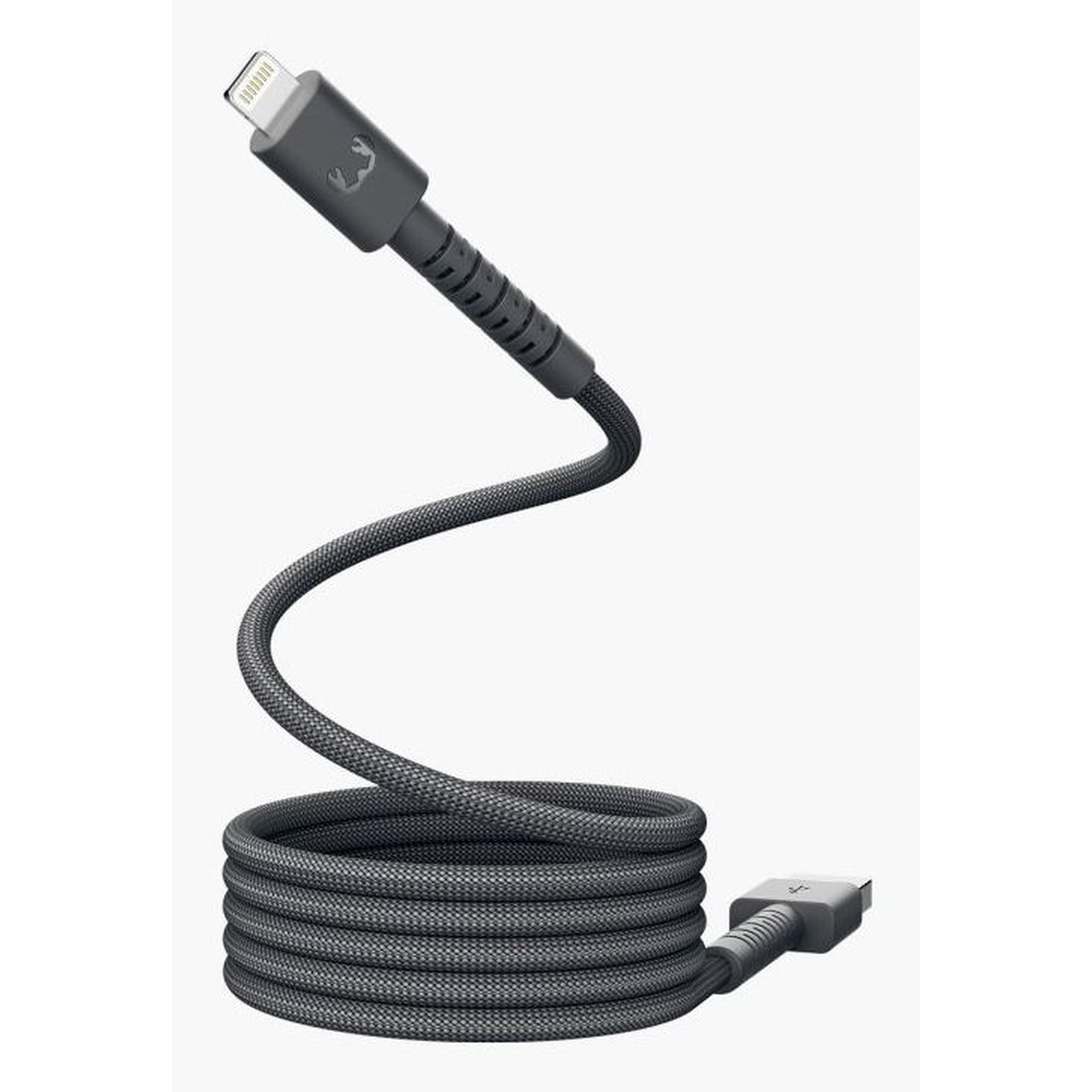 A black braided charging cable with a lightning connector at the top and a USB connector at the bottom, coiled.