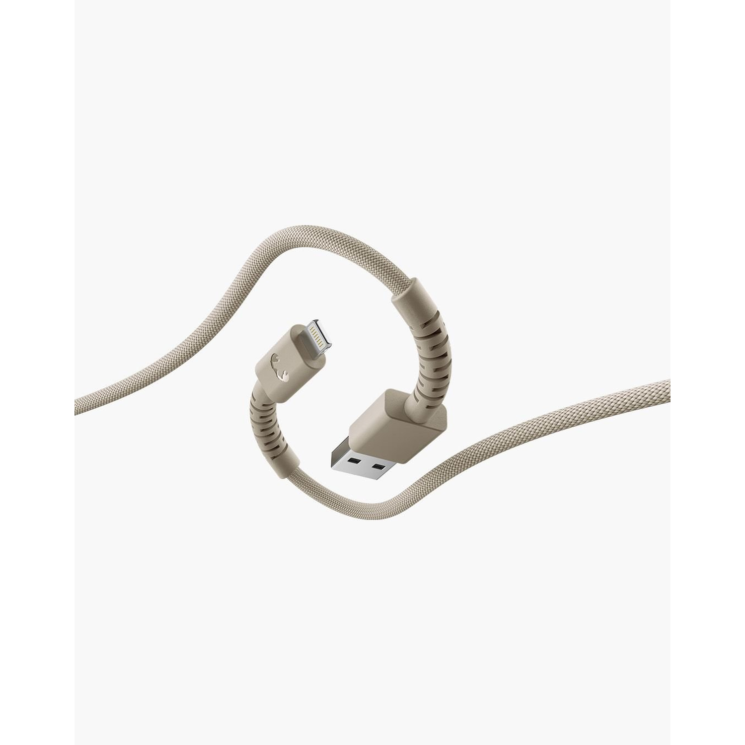 A beige USB charging cable with lightning and USB connectors. The cable is curved and against a white background.
