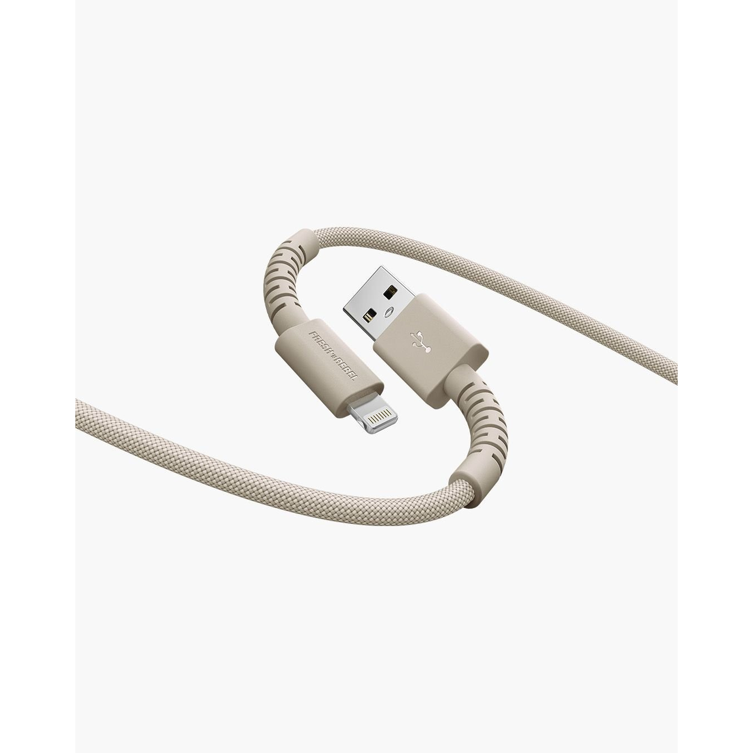 A beige USB cable with a lightning connector and a USB-A connector, on a white background.