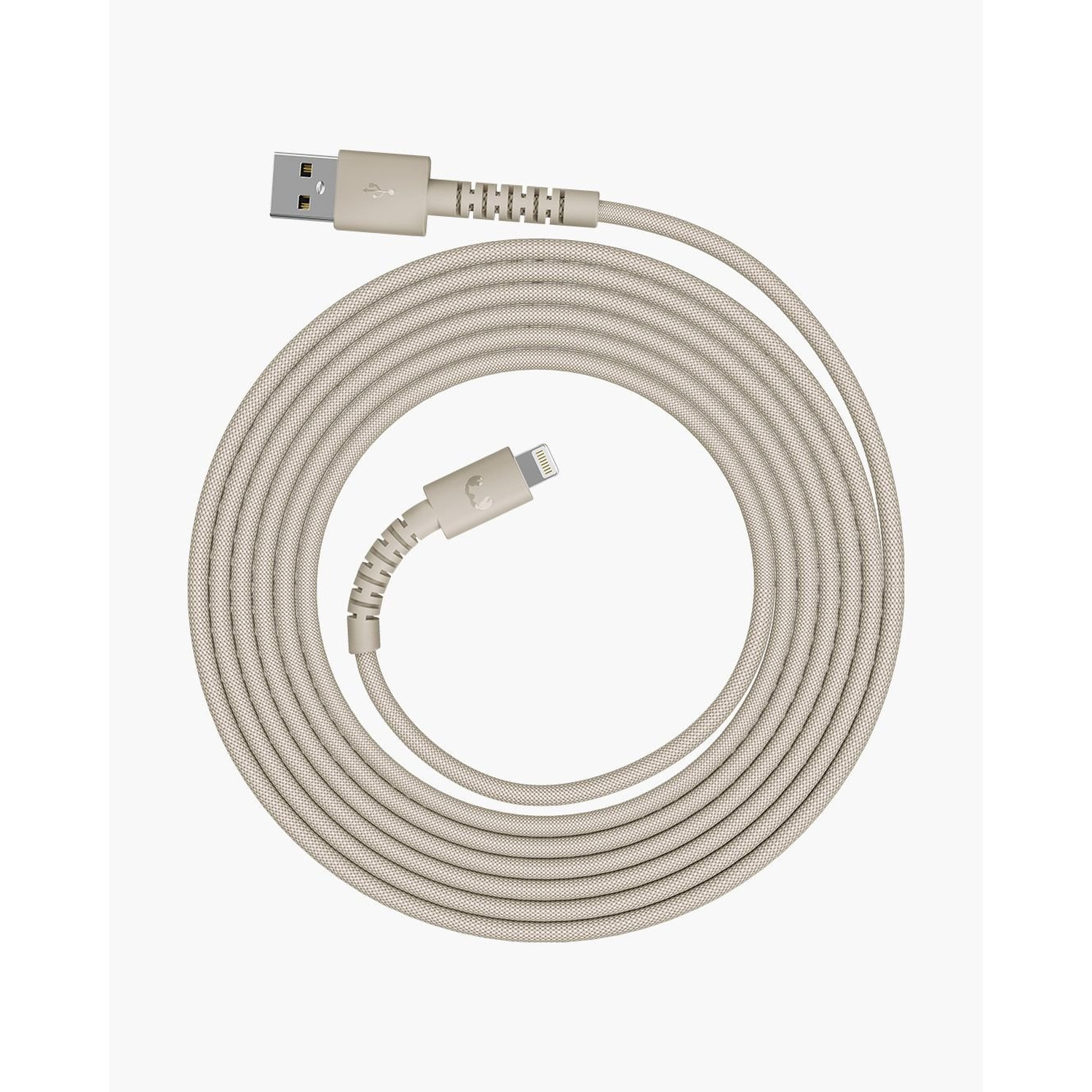 Beige charging cable, coiled. USB and Lightning connectors are visible. The cable is on a white background.