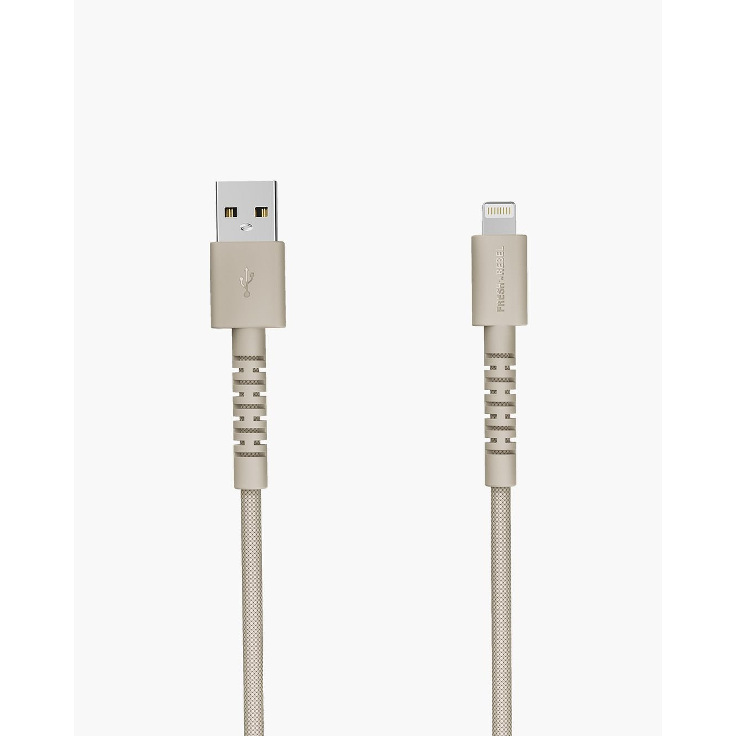 Two beige charging cables on a white background. One is USB, the other is a lightning cable. Each has a fabric-covered cord.