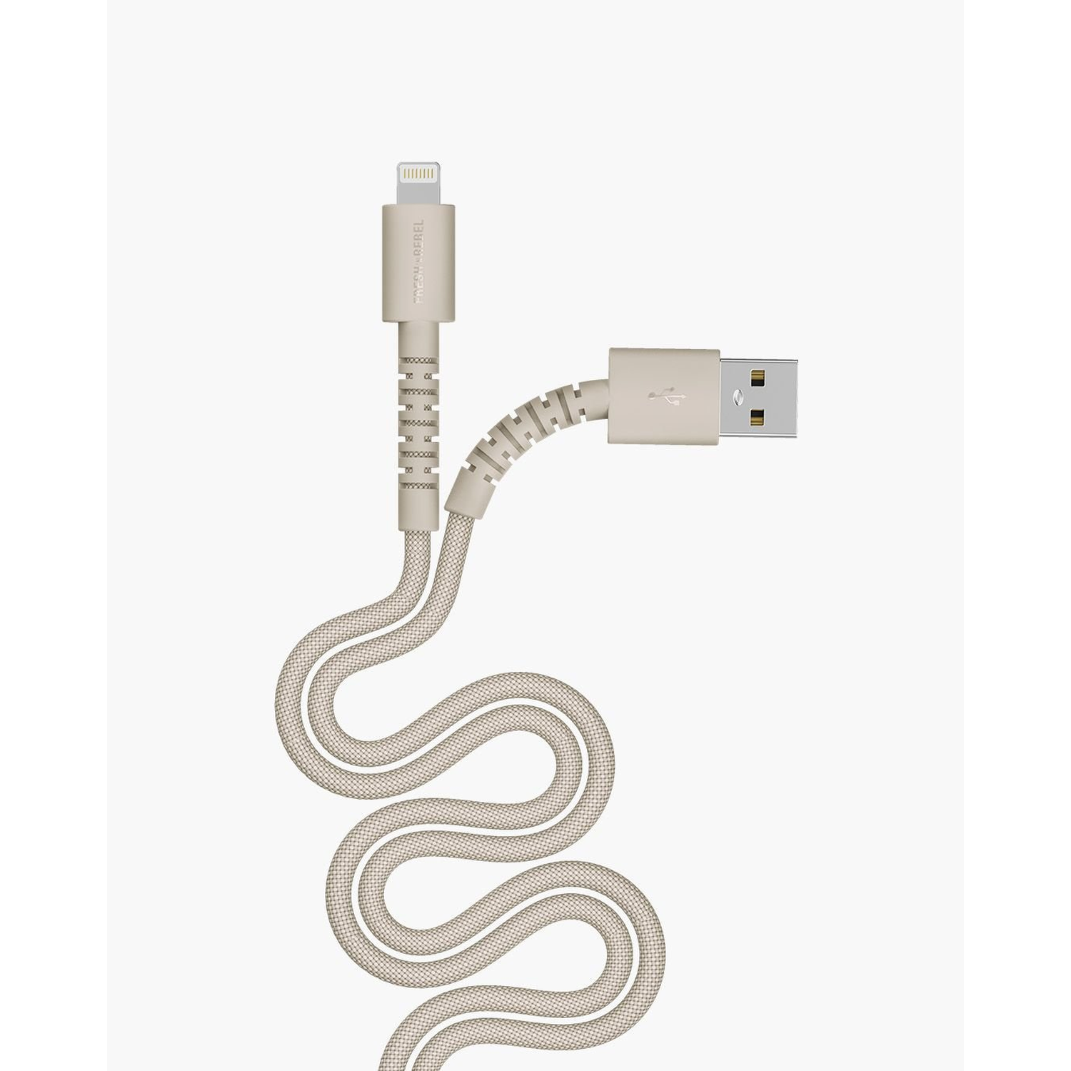 A beige USB cable with a lightning connector at the top and a USB connector on the right, isolated on a white background.