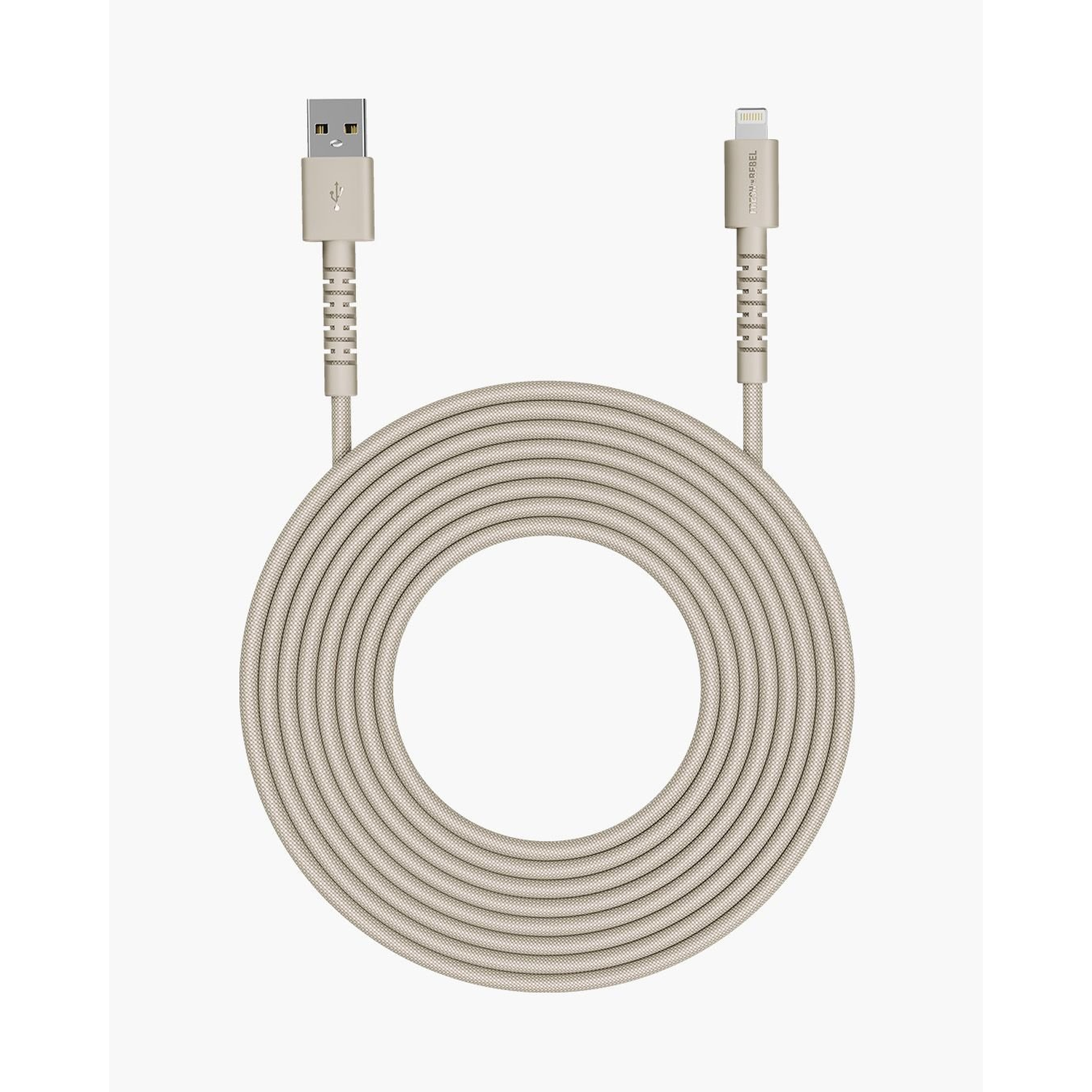 A beige USB to lightning cable, coiled in a circle. The USB connector is on the left, the lightning connector is on the right.