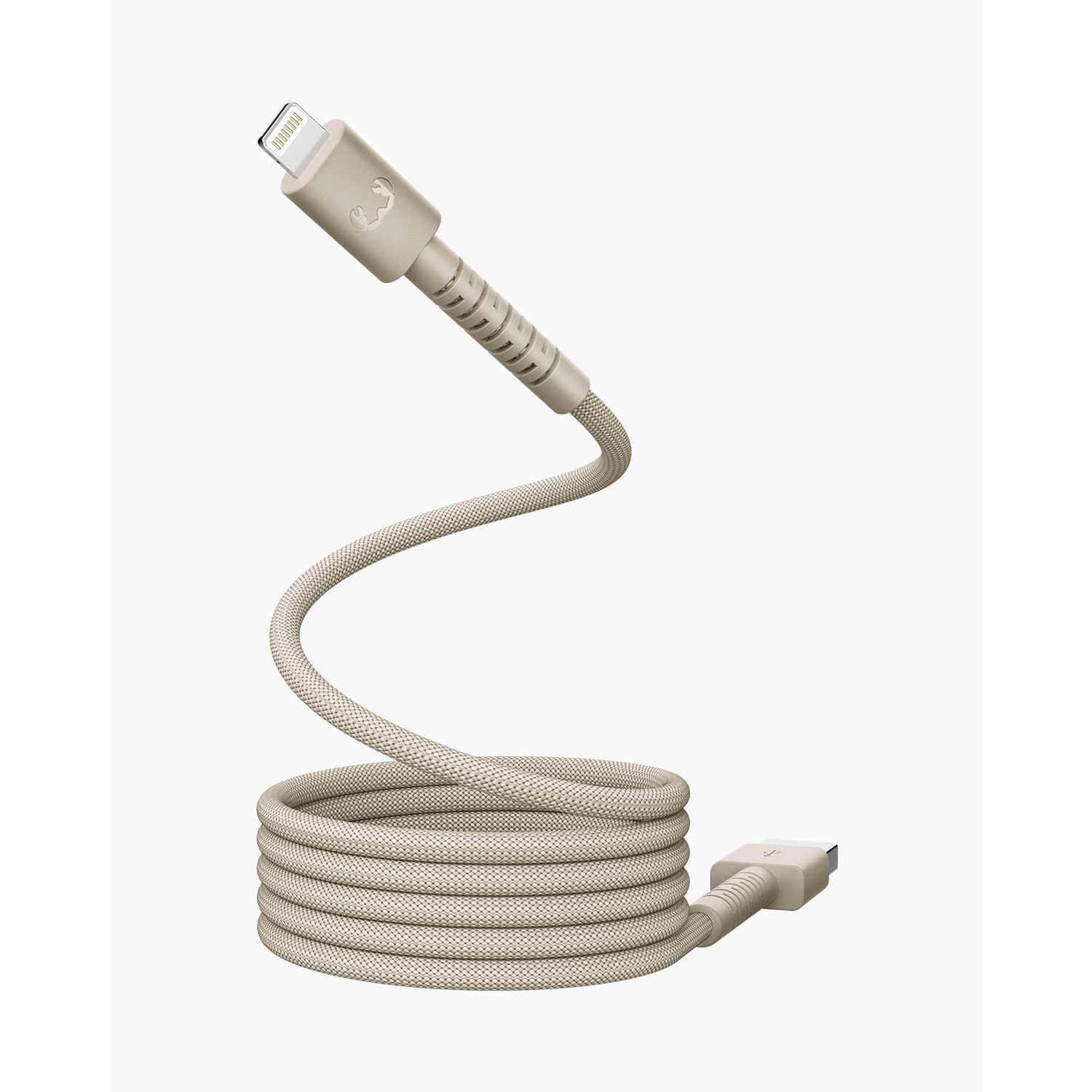 A beige braided charging cable with a lightning connector at one end and a USB connector at the other, coiled.