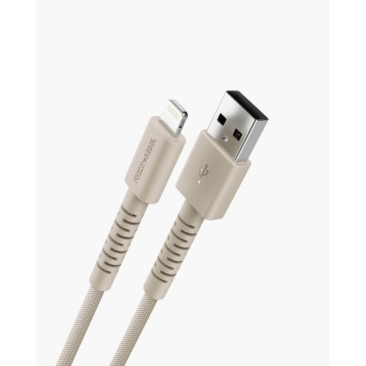 A beige USB charging cable with a lightning connector and a USB-A connector is displayed against a white backdrop.