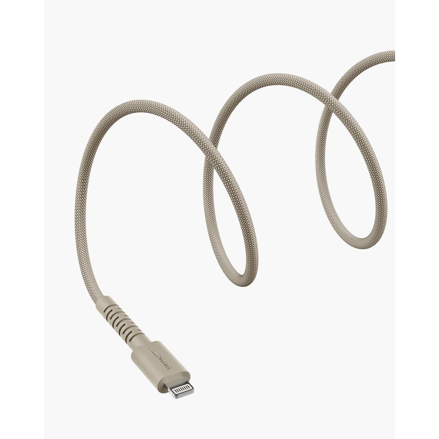 A beige braided charging cable with a lightning connector. The cable curves in loops against a white background.