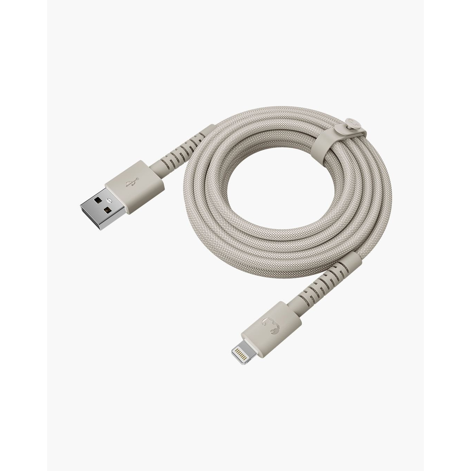 A coiled, beige USB to lightning cable. The USB end is on the left, lightning end on the right. A strap holds the coiled portion.