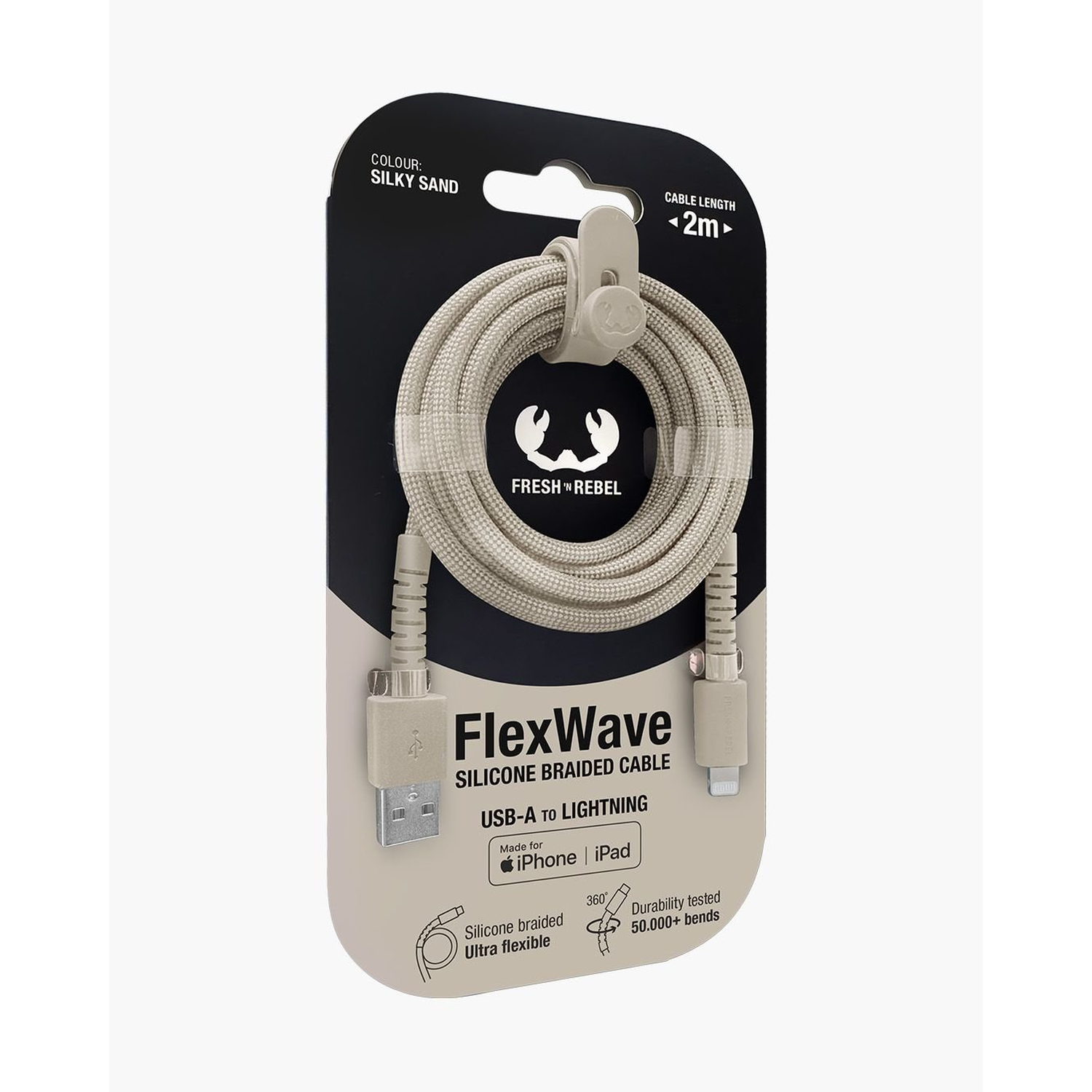 A package displays a beige FlexWave cable. Text: USB-A to Lightning. Features include silicone braided, ultra flexible, and durability tested.