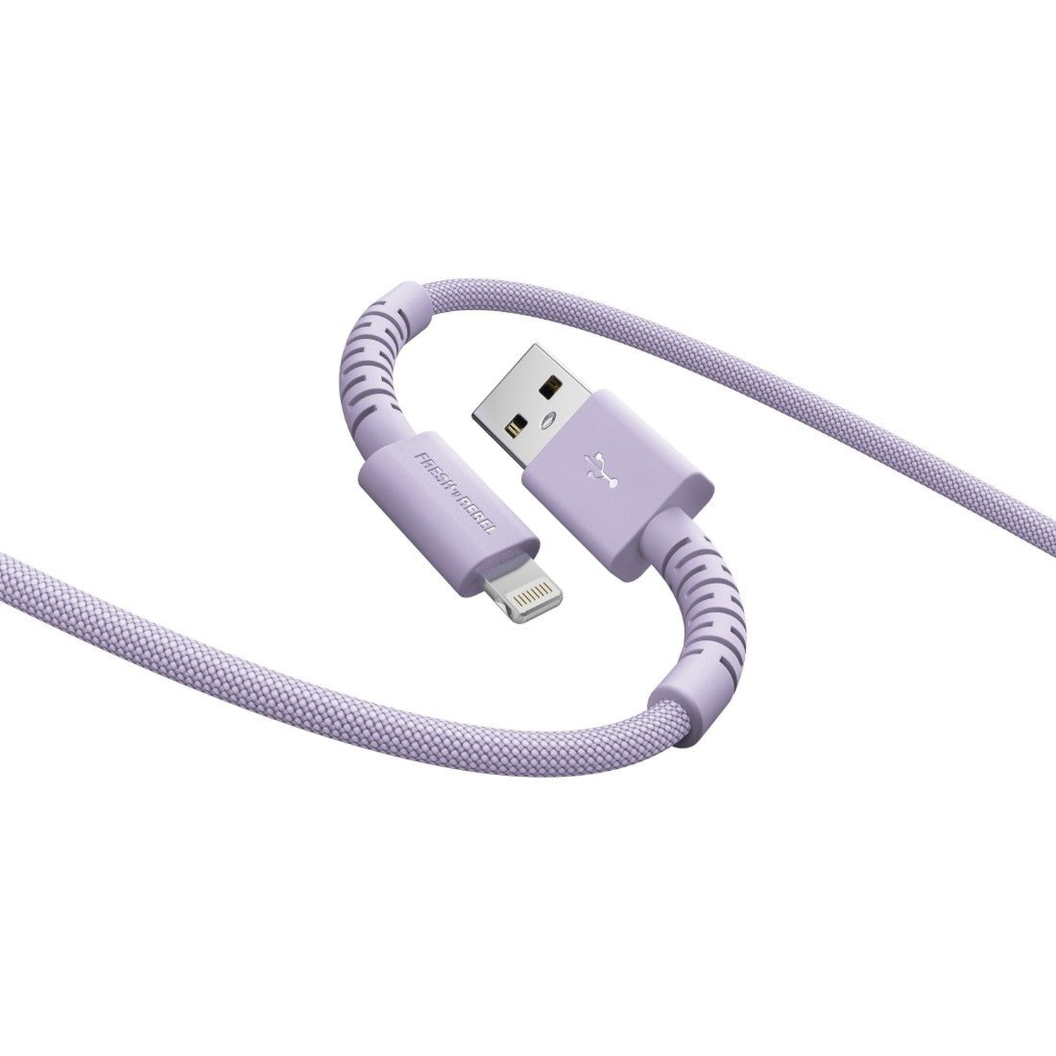 A purple USB cable with a lightning connector. The cable has a textured finish and the ends are smooth. The background is white.