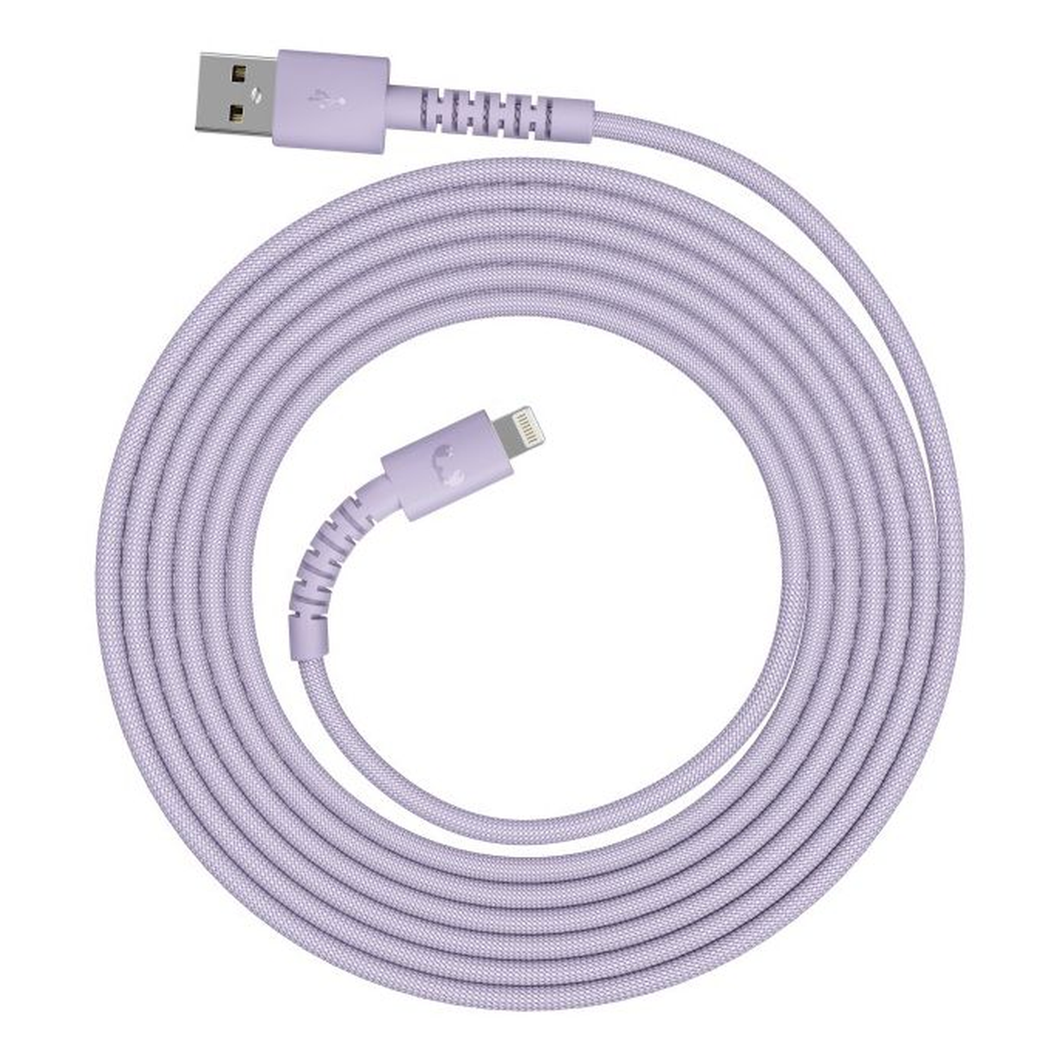 A coiled lavender USB charging cable. The cable has a USB-A connector on one end and a lightning connector on the other end.