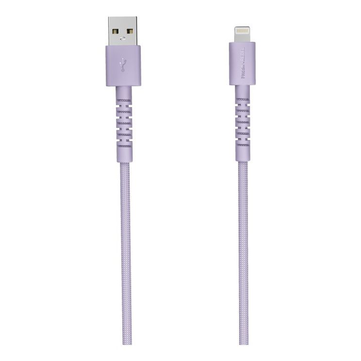 A purple USB to Lightning cable. The USB end is rectangular, the Lightning end has pins. The cable is braided.