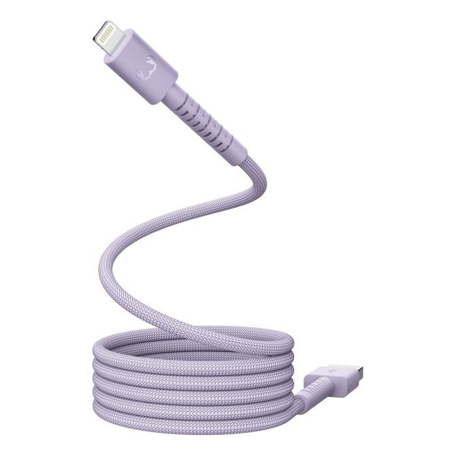 A lilac charging cable coiled at the bottom, with a lightning connector at the top and a USB connector at the end.