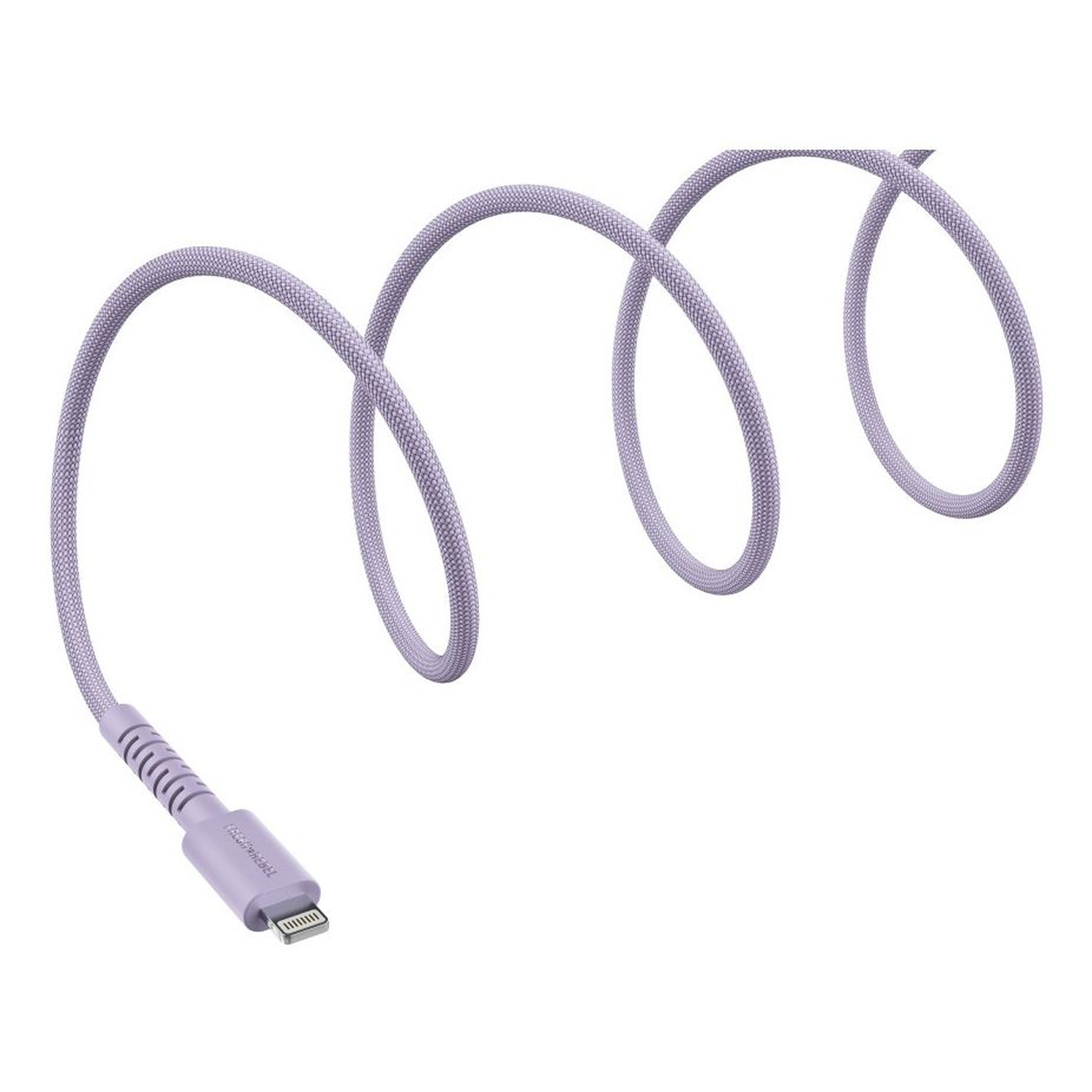 A coiled, lilac-colored charging cable against a white background. The cable has a lightning connector.