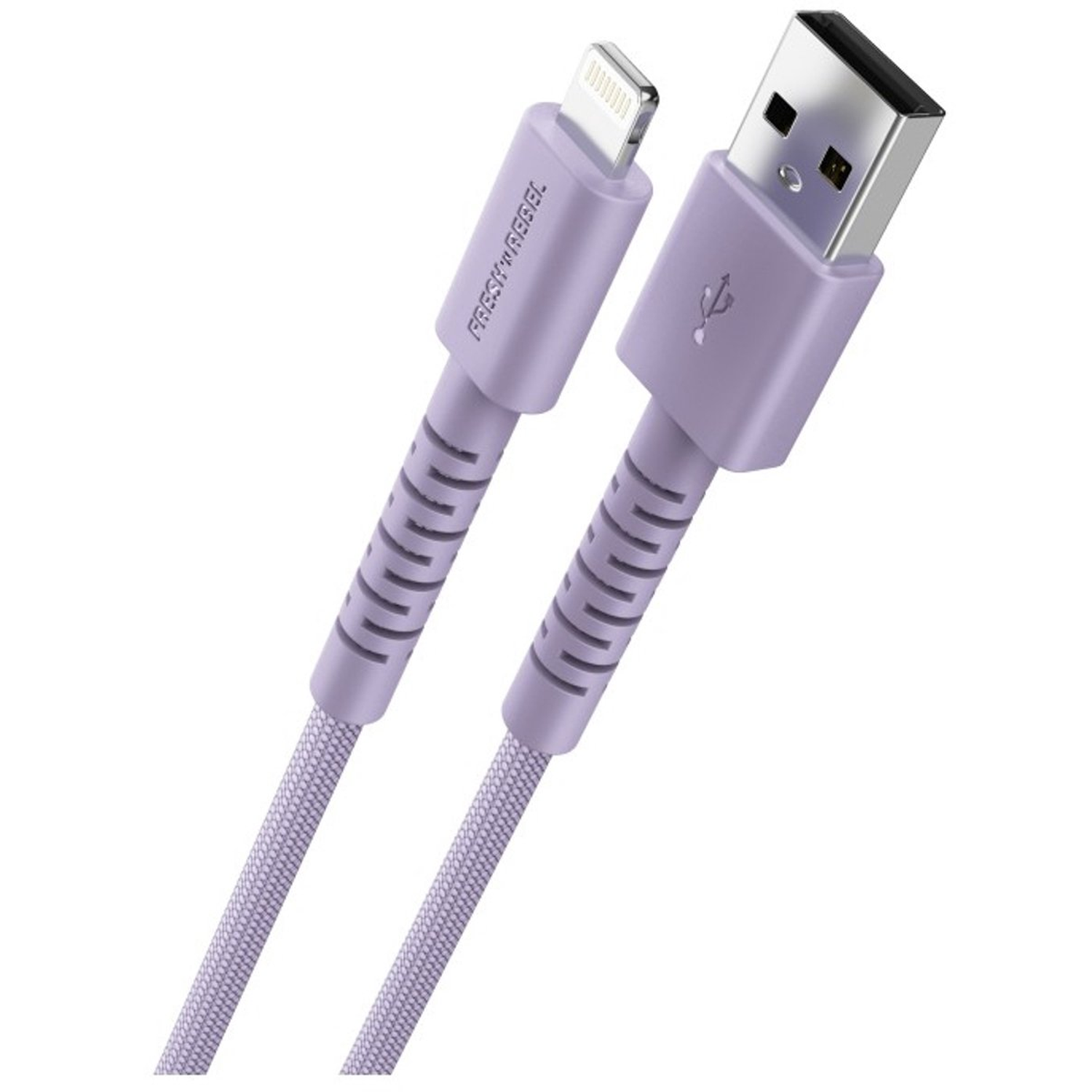A purple USB to lightning cable. The USB end is silver, and the lightning end is silver. The cable is braided and has the Fresh 'n Rebel logo.