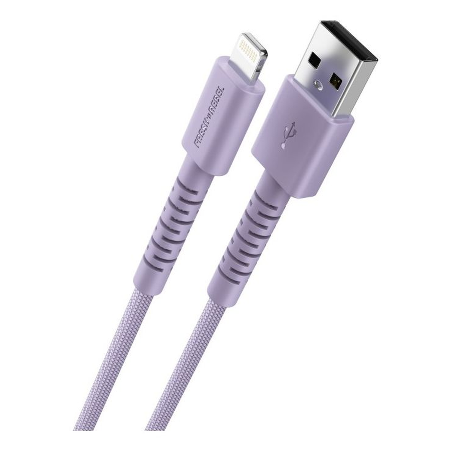 A purple USB charging cable. One end is lightning, the other is USB. The cable is braided and the brand is Fresh 'n Rebel.