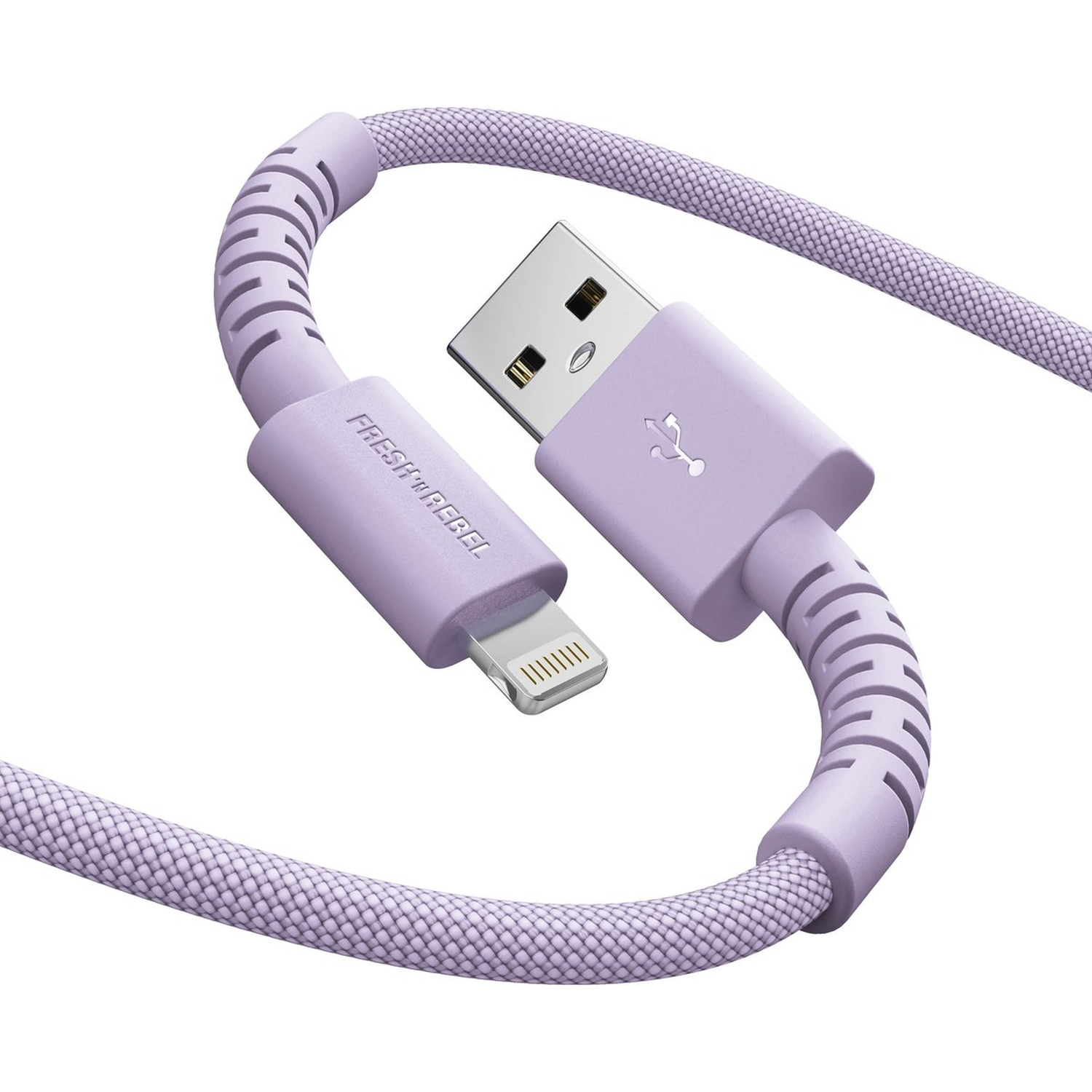 A lavender USB charging cable with a lightning connector. The cable has a fabric texture and a USB symbol.