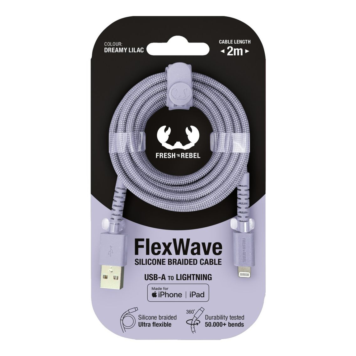 A Dreamy Lilac FlexWave silicone braided USB-A to Lightning cable, 2m long, for iPhone and iPad, packaged on a black and purple background.