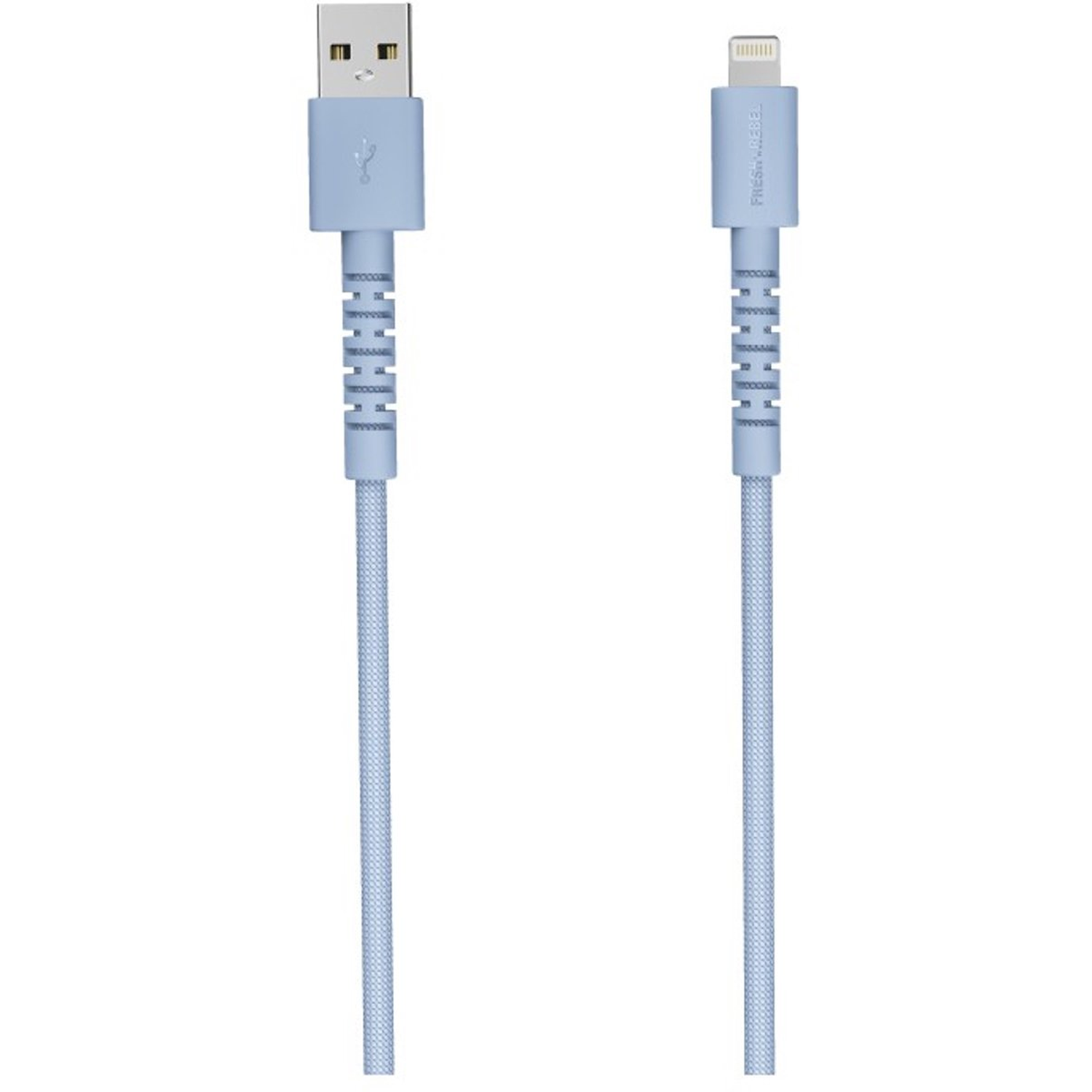 Two light blue charging cables. One with a USB connector, the other with a lightning connector. White background.