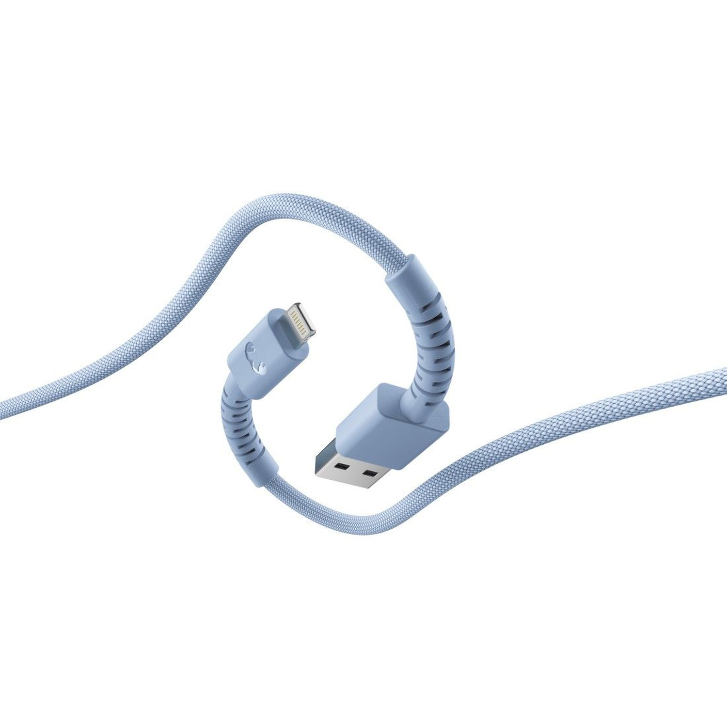 A blue charging cable with a USB and a lightning connector. The cable is curved against a white background.