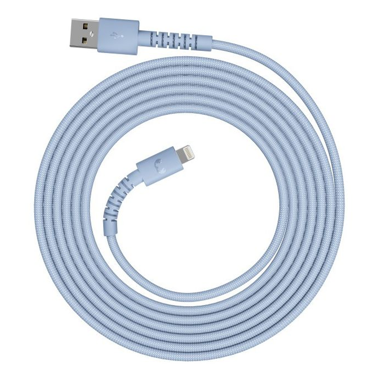 A coiled, light-blue charging cable. One end has a USB connector, the other an iPhone connector. The cable is fabric-covered.