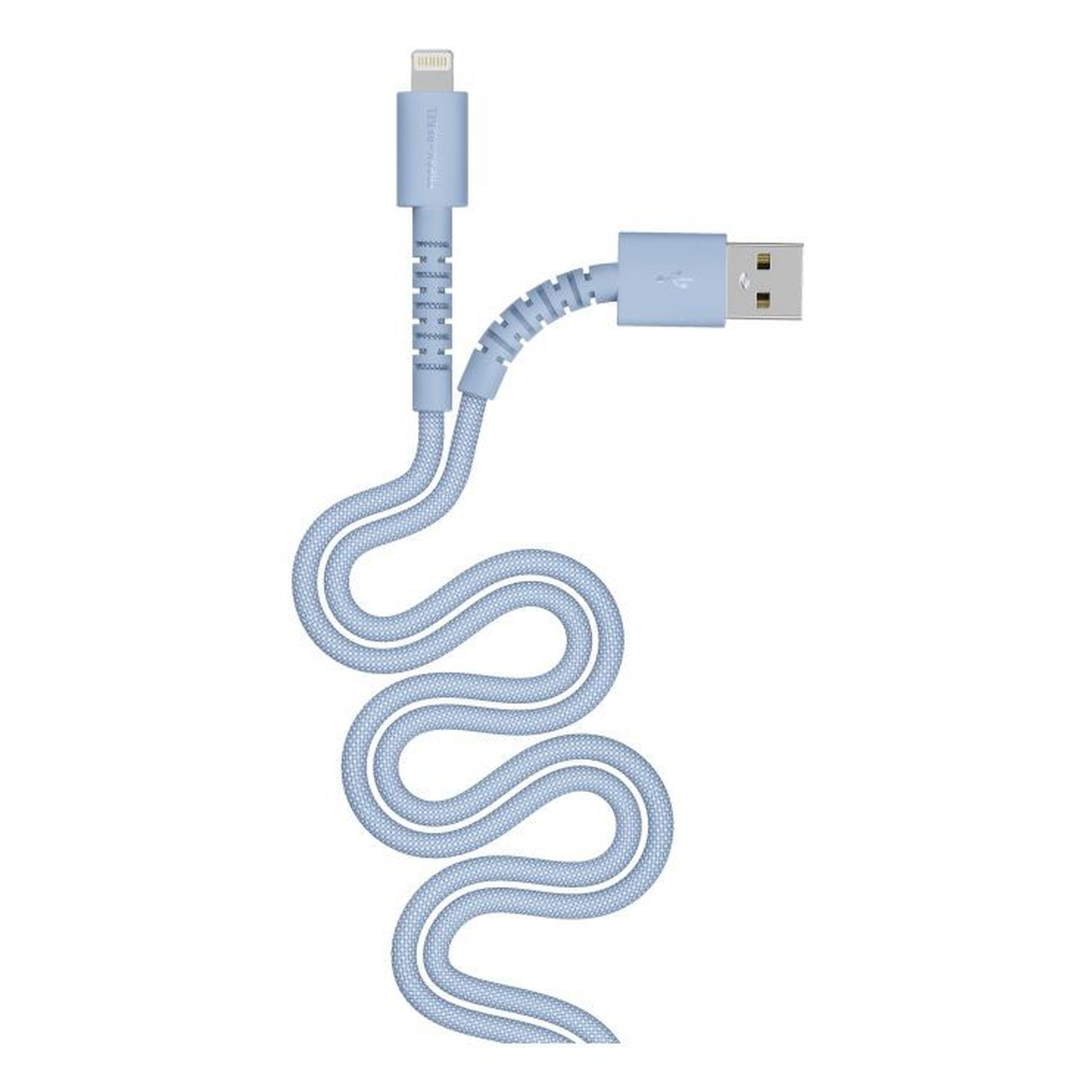 A light blue charging cable, with a USB end and a lightning connector. The cable is coiled in an S shape against a white background.