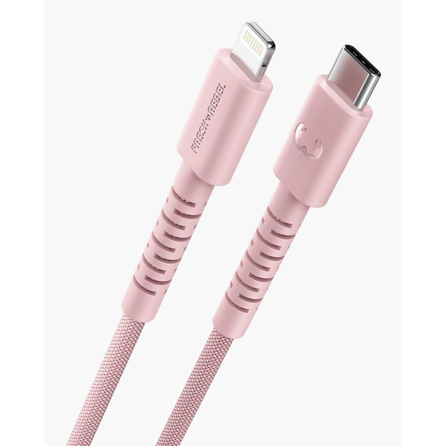 Two pink USB cables with different connectors. One is lightning, the other is USB-C. They have textured cable coverings.