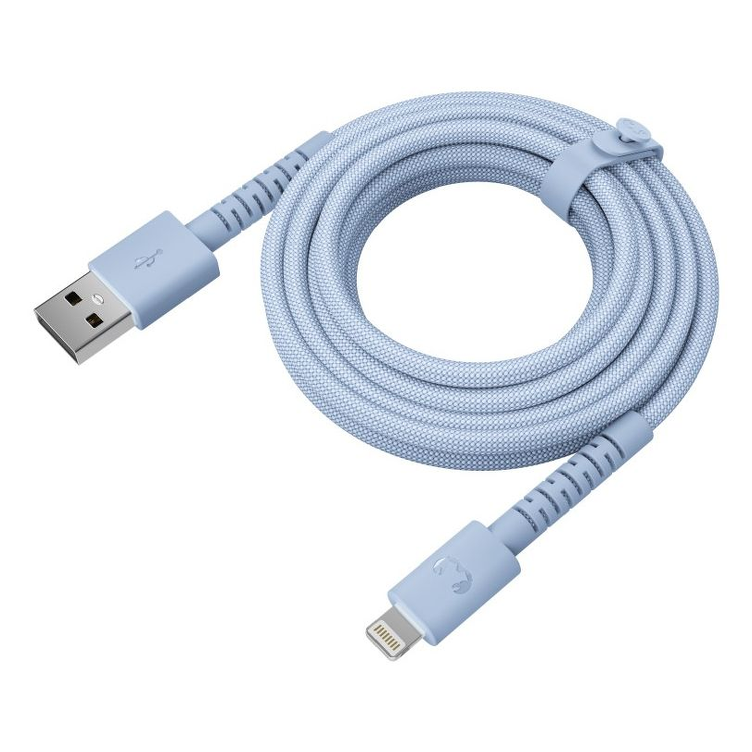 A light blue charging cable with a USB connector and a lightning connector. The cable is coiled and held by a strap.