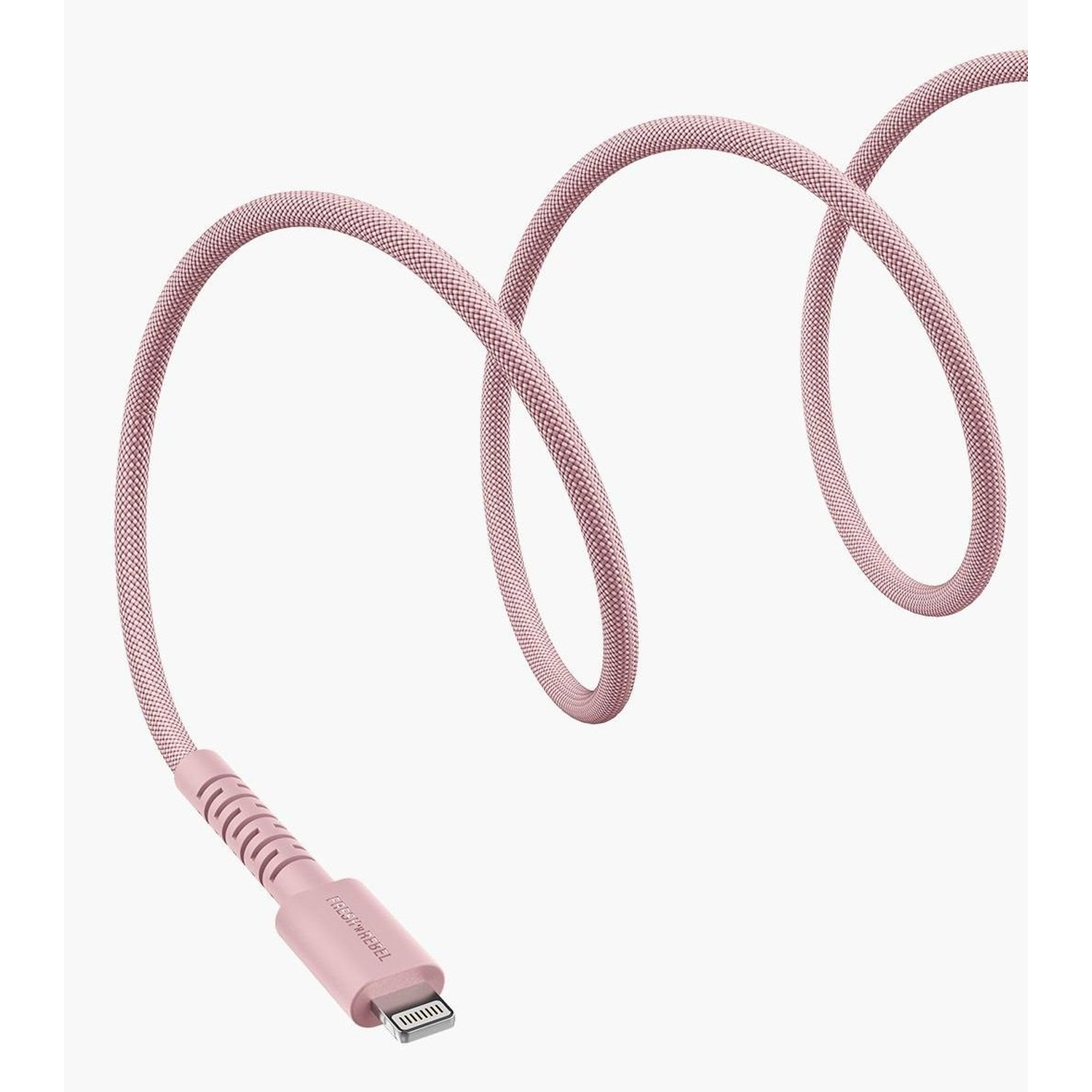 A pink charging cable with a woven texture, curved in loops. The connector is at the bottom.