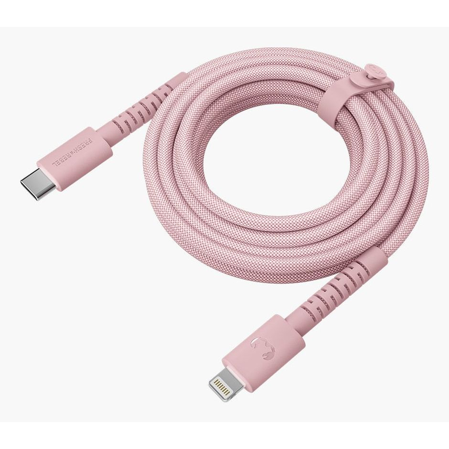 A pink charging cable coiled in a circle. It has USB-C and Lightning connectors. The cable is held by a pink strap.