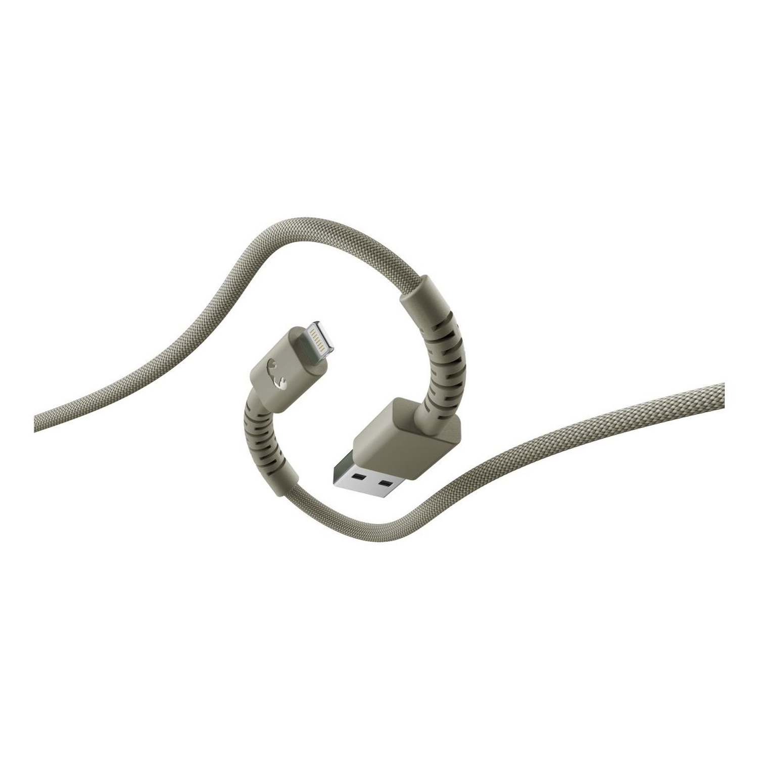 A beige USB charging cable with a lightning connector and a USB connector, coiled against a white background.