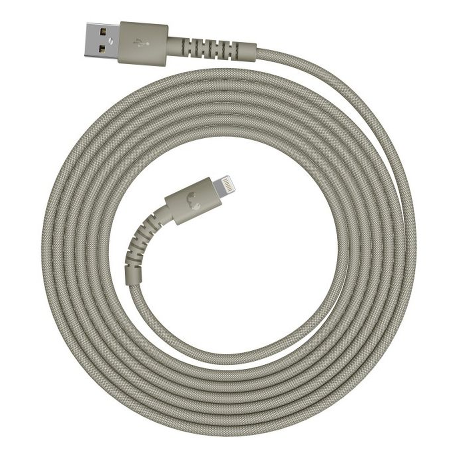 A coiled, grey charging cable with a USB and a lightning connector on a white background.