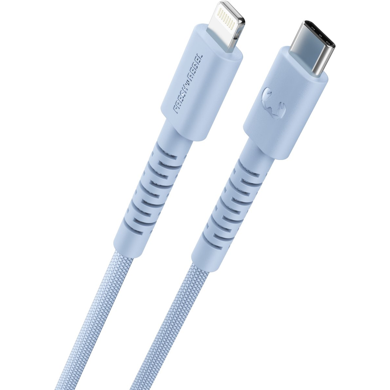 Two light blue charging cables, one with a lightning connector and the other with a USB-C connector, laid diagonally on a white background.