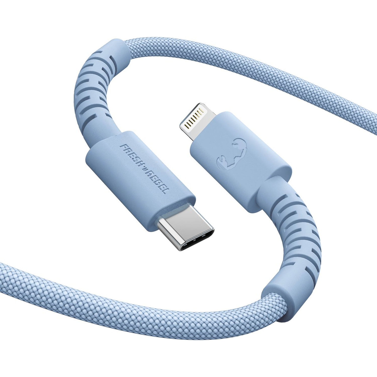 A light blue USB-C to Lightning cable. It has a braided cord and connectors at each end. The brand is Fresh 'n Rebel.