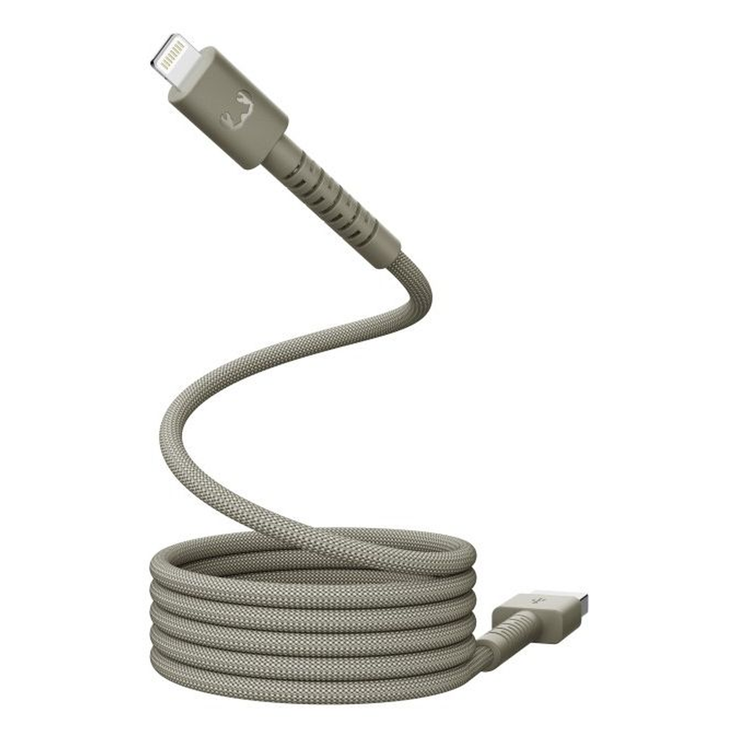 A gray charging cable with a lightning connector at one end and a USB connector at the other, coiled in a spiral.