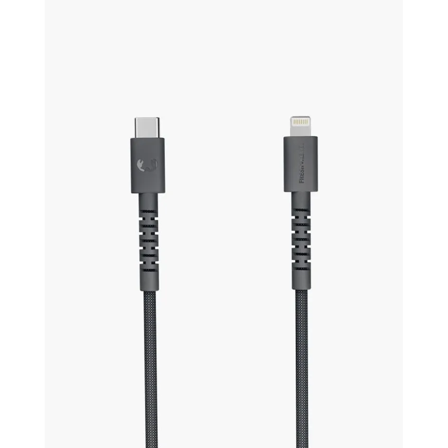 Two charging cables: USB-C and Lightning. Dark grey connectors and cables against a white background. The cables are side by side.