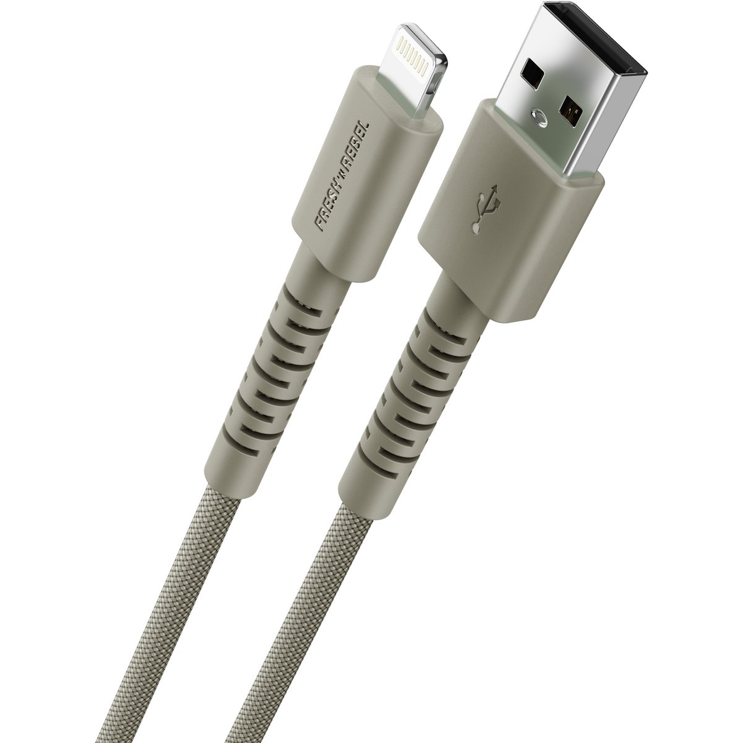 A light gray charging cable with a USB connector and a lightning connector. The cable has a textured design.