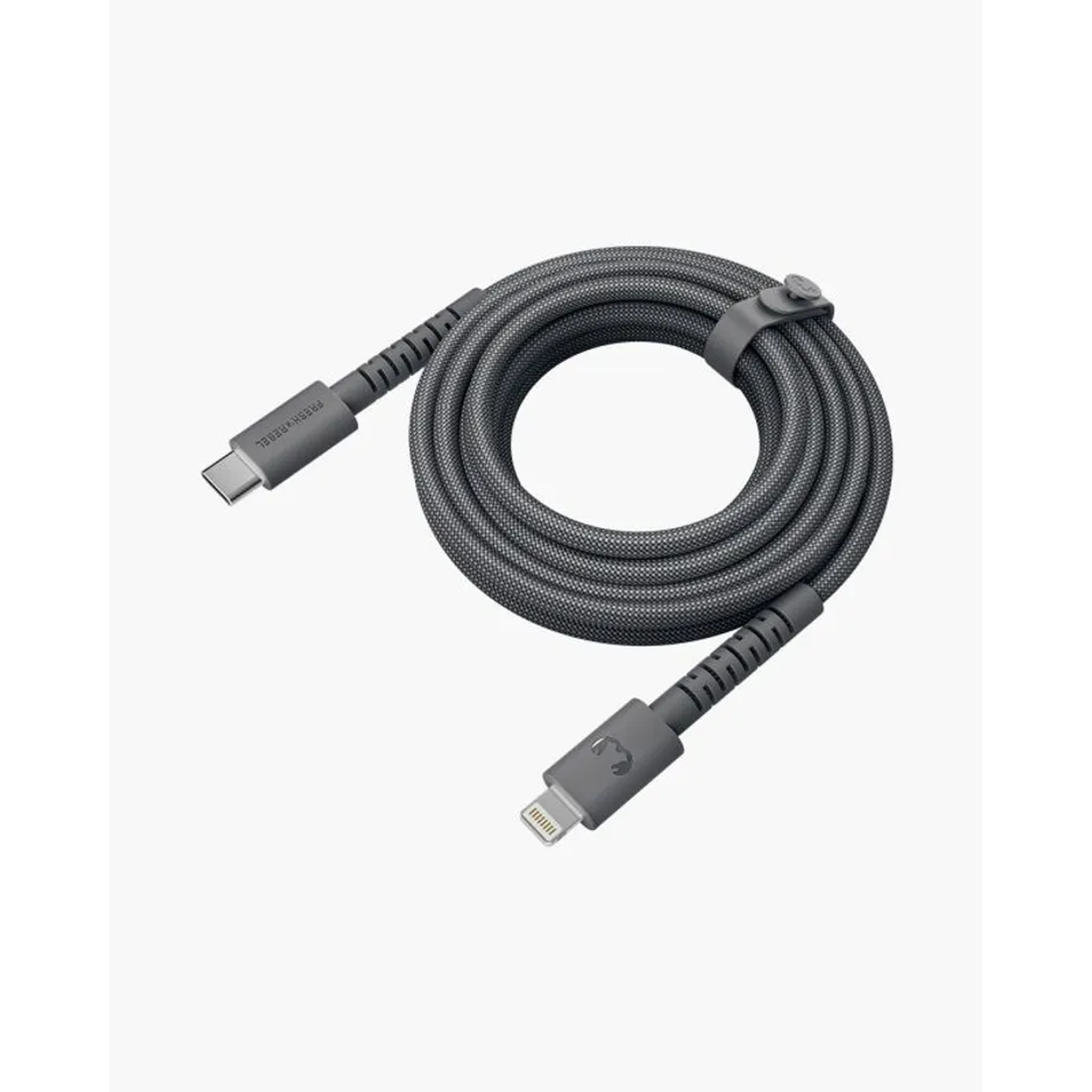 A gray USB charging cable is coiled. It has a USB-C connector on one end and a Lightning connector on the other.