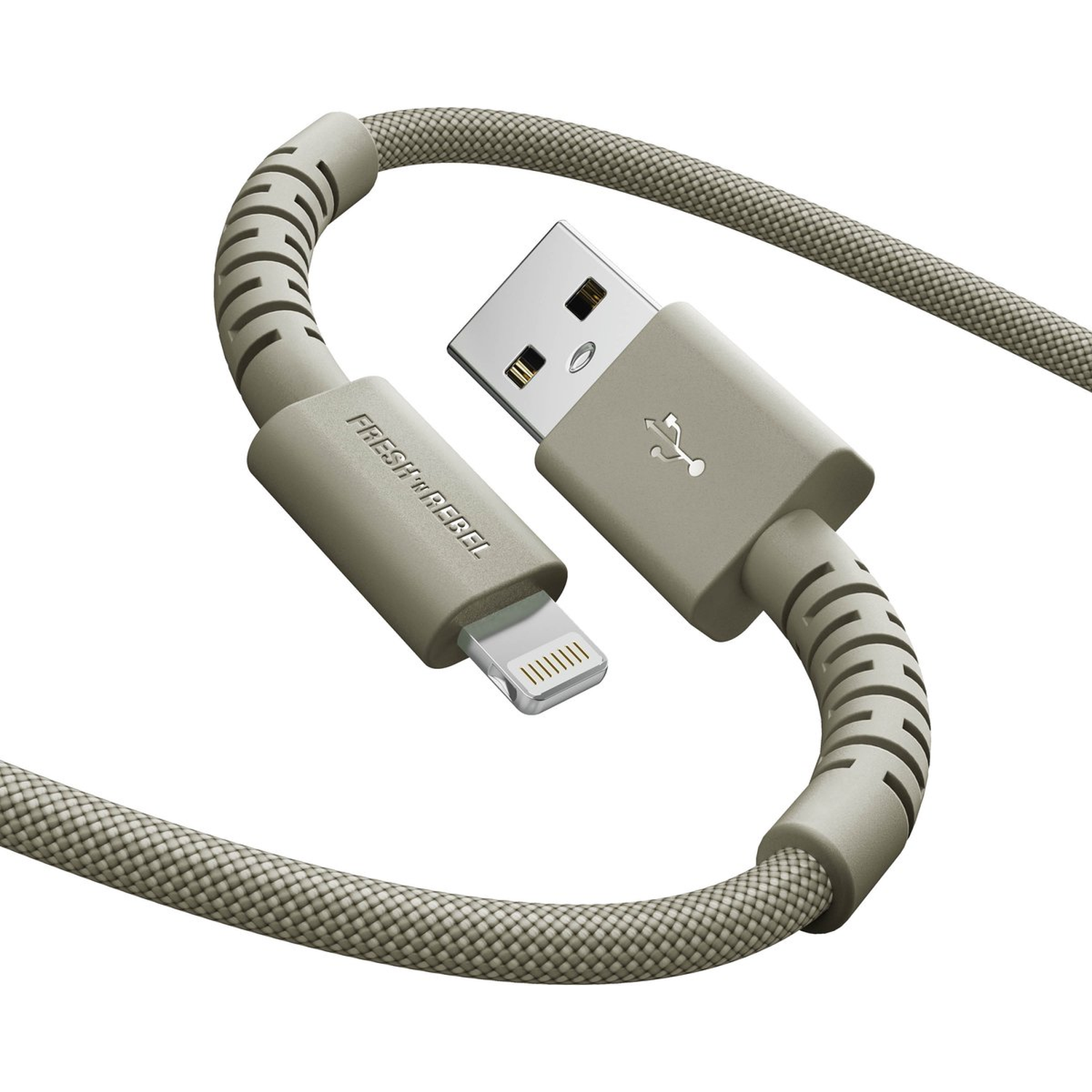 A Fresh 'n Rebel light grey USB charging cable. The cable has a woven texture with a lightning connector and a USB connector.