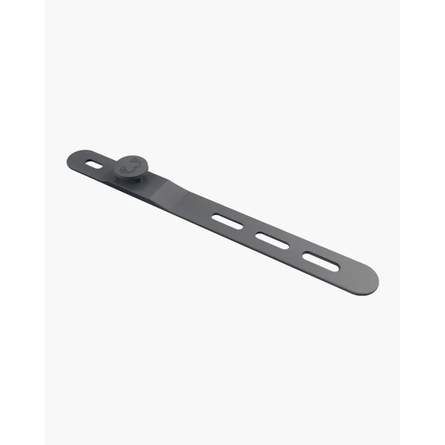 A gray metal bracket with a circular knob and three oval holes. It is against a white background.