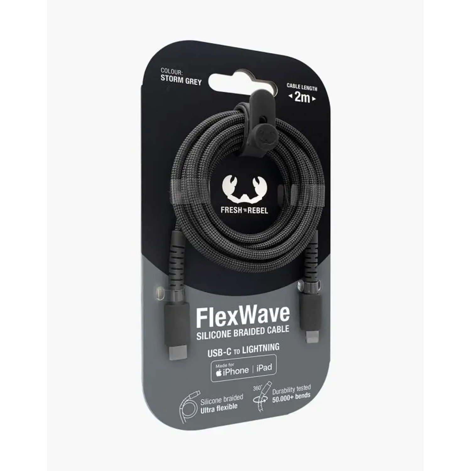 A black and grey USB-C to Lightning cable, packaged. The label says 'FlexWave' and 'Storm Grey'.