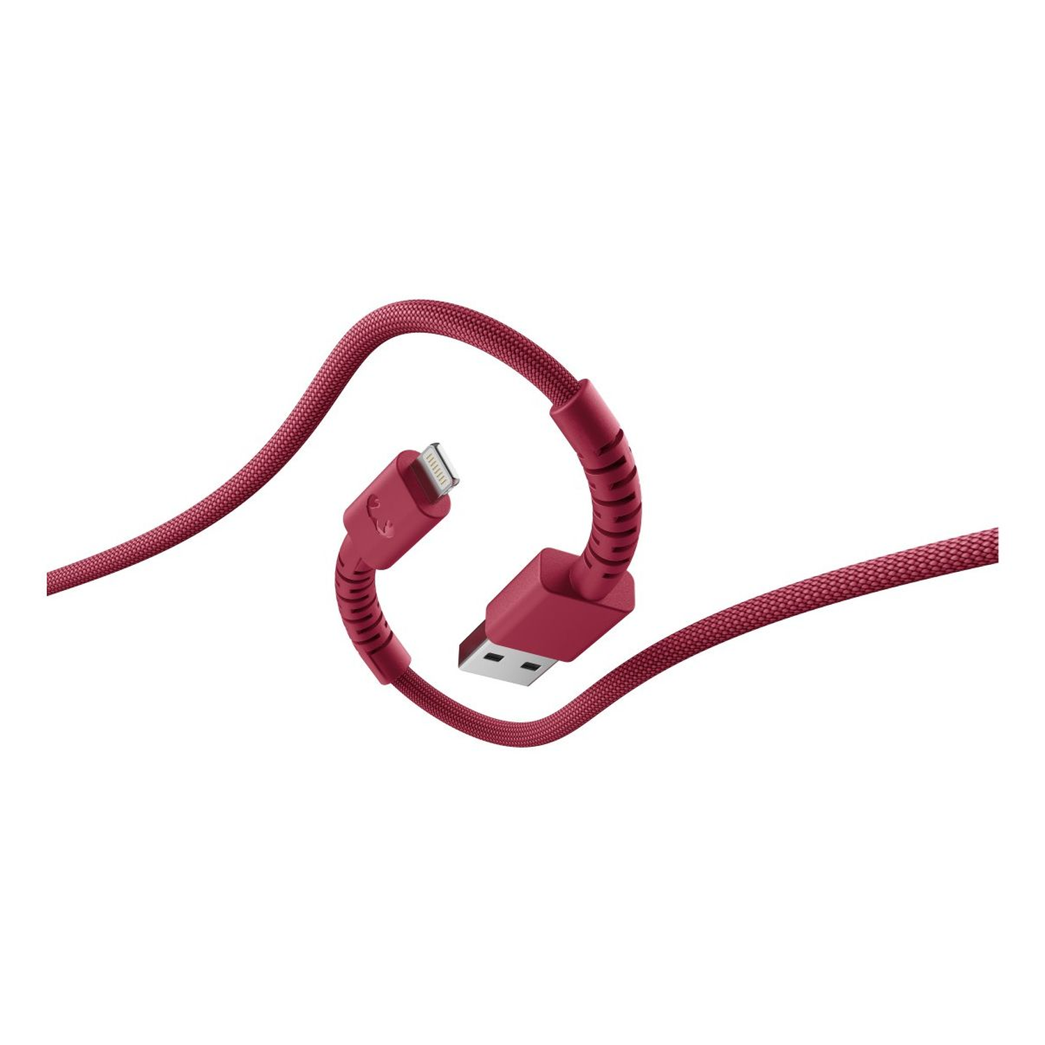 A red charging cable with USB and lightning connectors. The cable is fabric-covered against a white background.