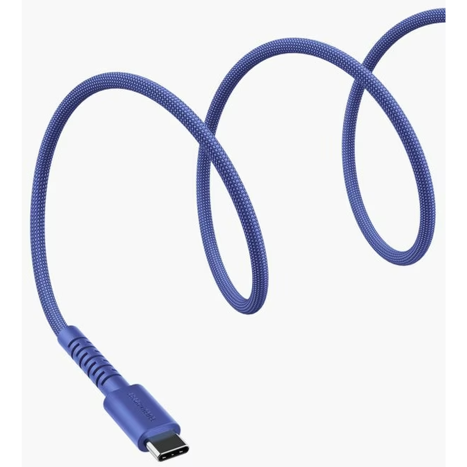A blue USB-C cable in a coiled shape against a white background. The cable has a textured design.