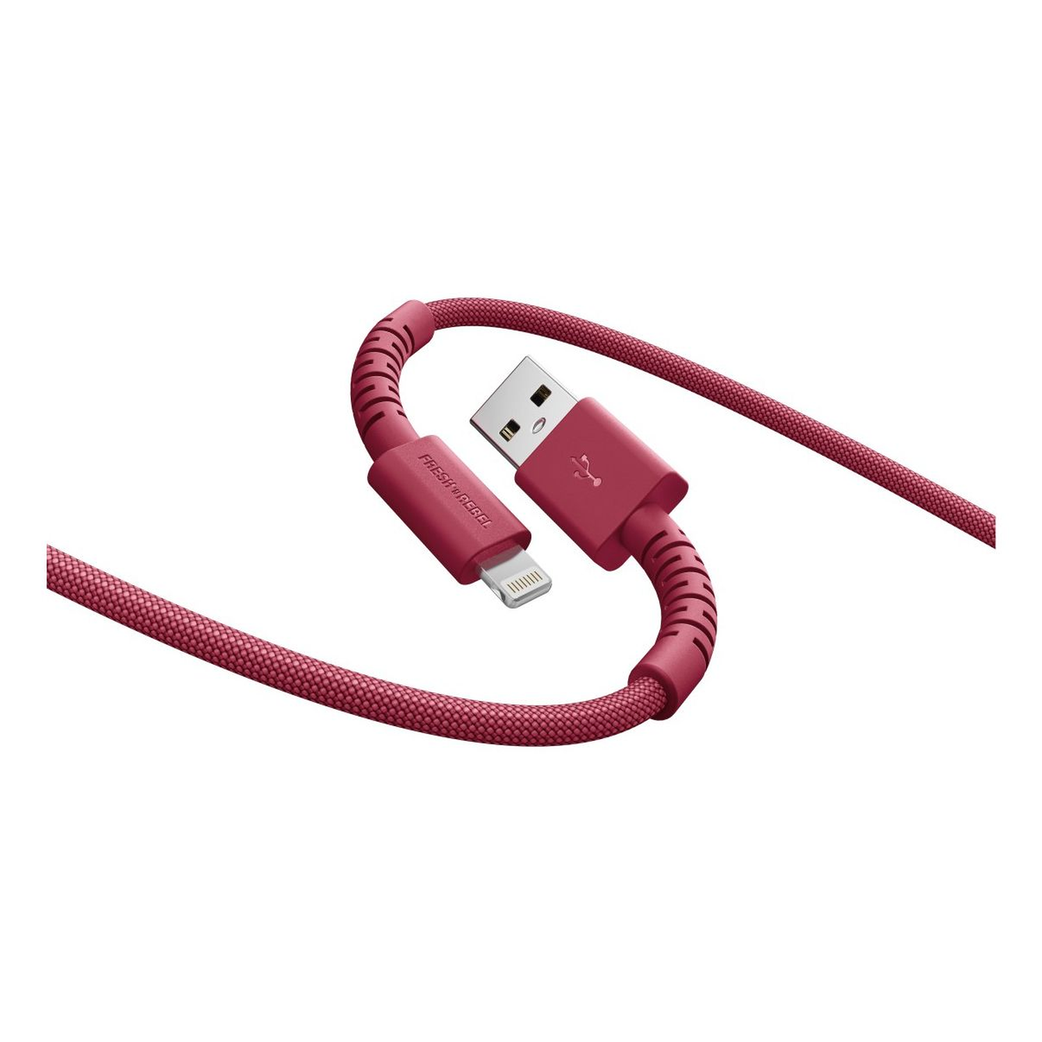 A red USB charging cable with a lightning connector is displayed on a white background. The cable has a fabric design.