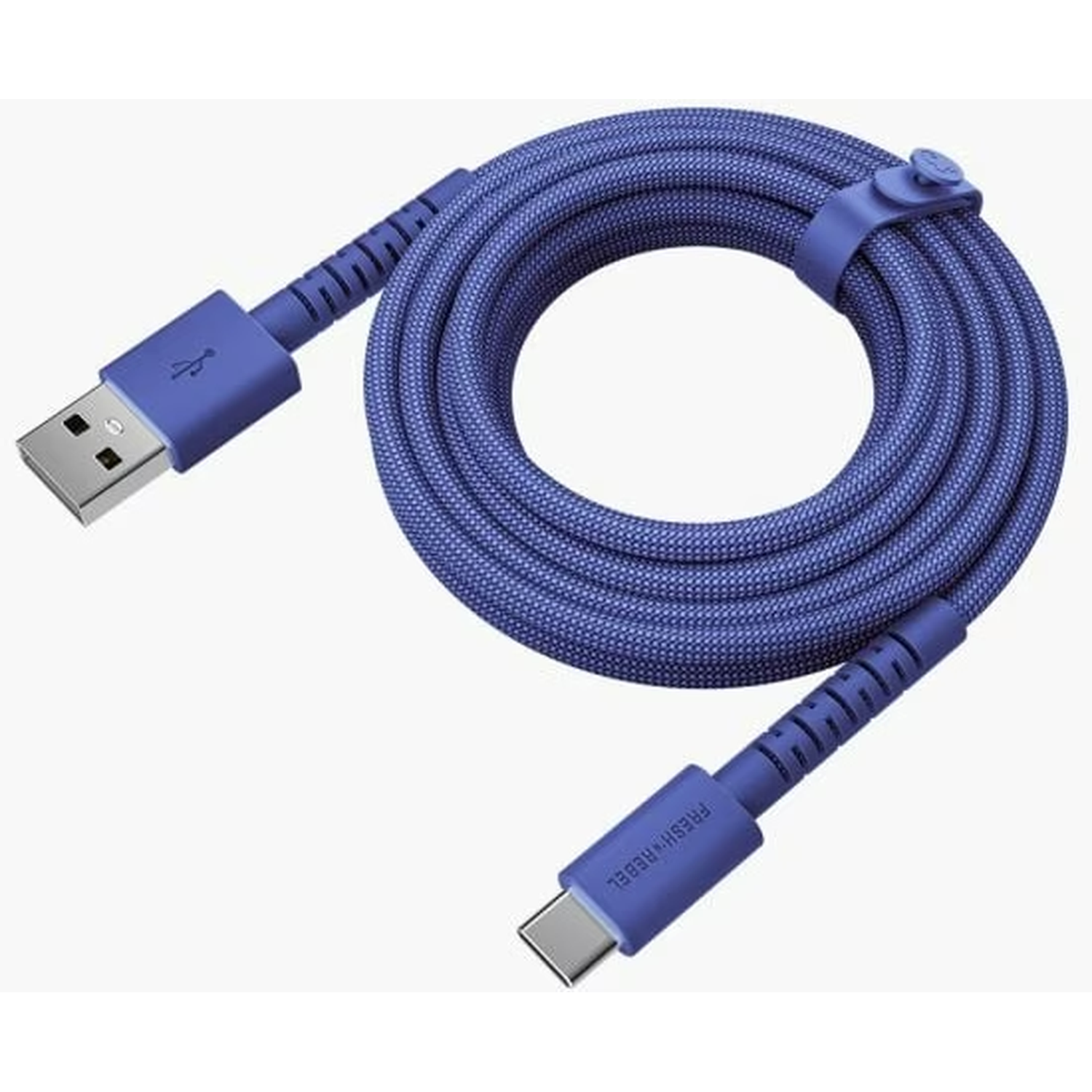 A blue USB cable coiled in a circle. It has a USB-A connector and a USB-C connector. The cable is held by a blue strap.