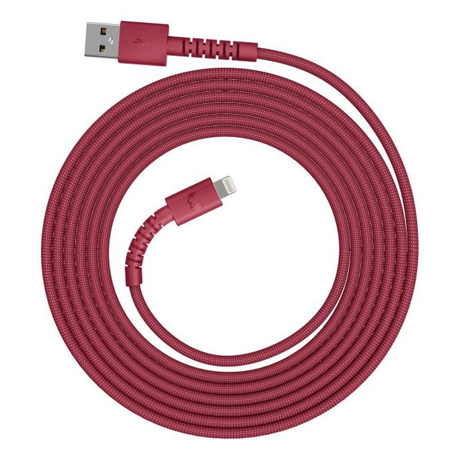 A burgundy USB charging cable is coiled. One end has a USB connector, the other an Apple Lightning connector.