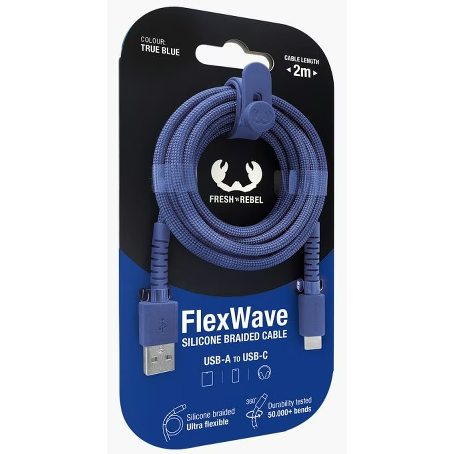A blue USB-A to USB-C braided cable, 2m long, packaged on a black and blue card. Brand name FlexWave and Fresh 'n Rebel are visible.