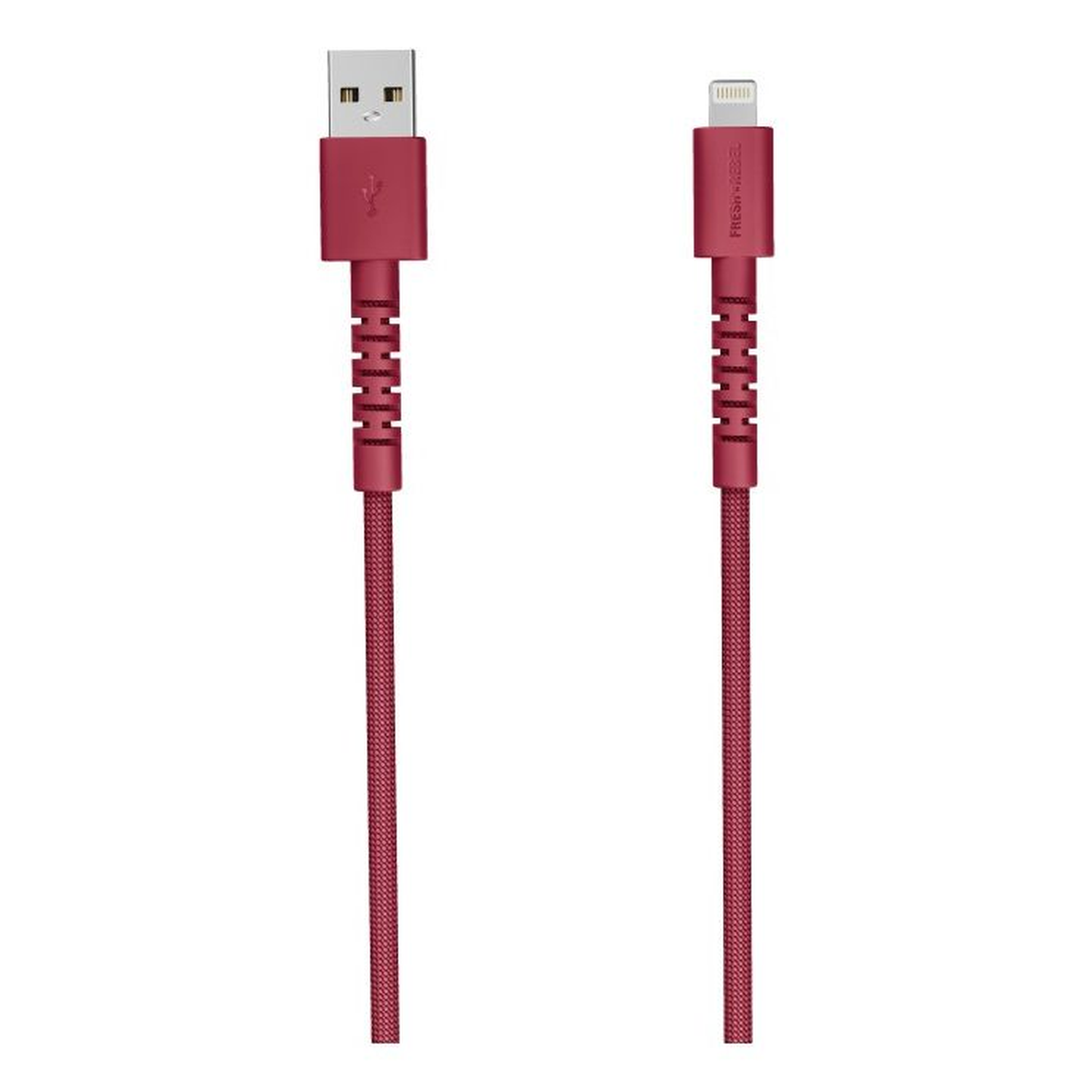 Two red charging cables, a USB and a lightning connector. Both cables are on a white background.