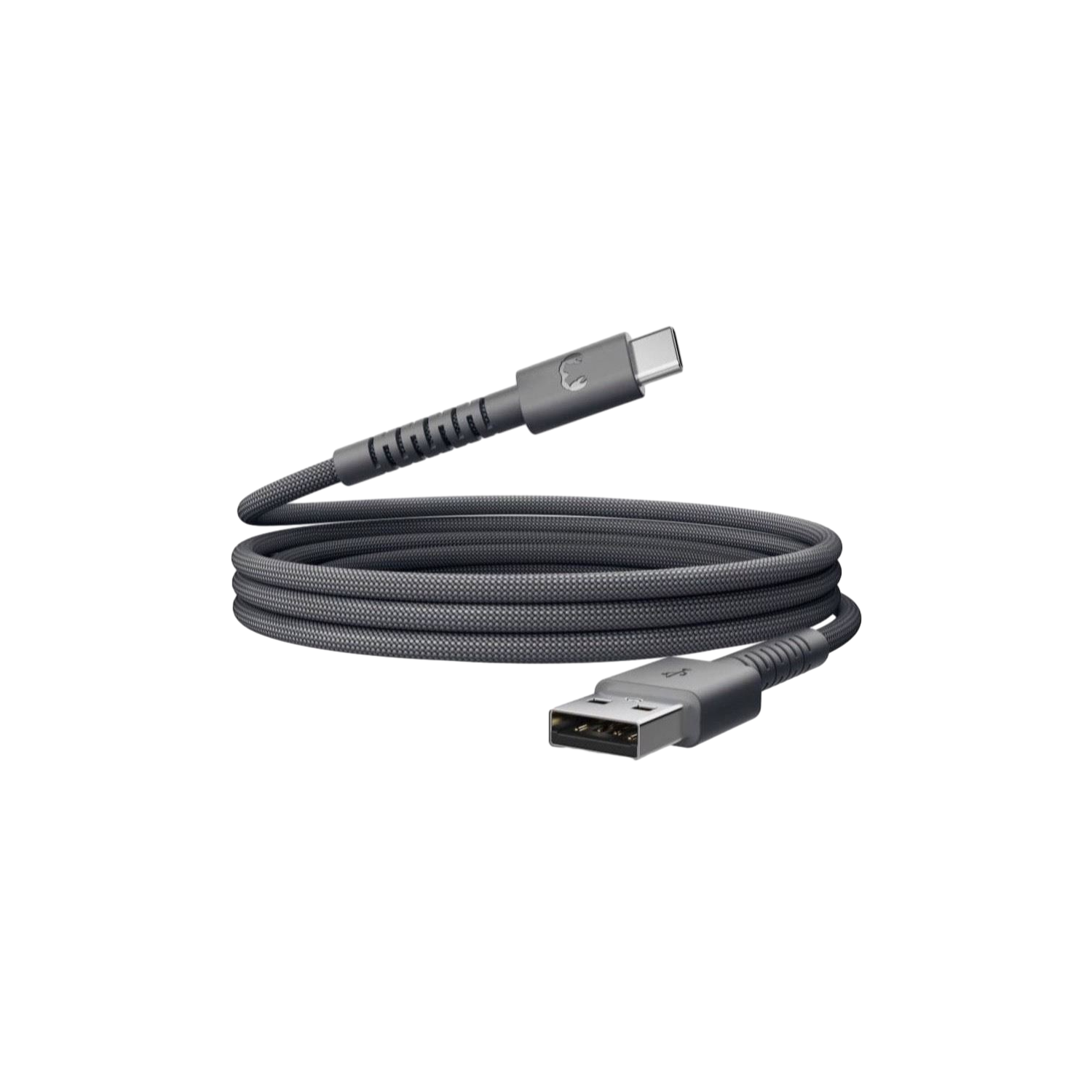 Un câble USB gris avec connecteurs USB-A et USB-C, enroulé sur un fond noir.